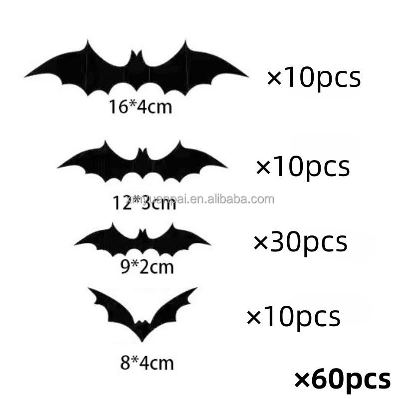 DIY Wall Decal Indoor Hallowmas Decoracion 60pcs Halloween Bats Decoration 4 Sizes PVC Black 3D Scary Bat Sticker for Halloween