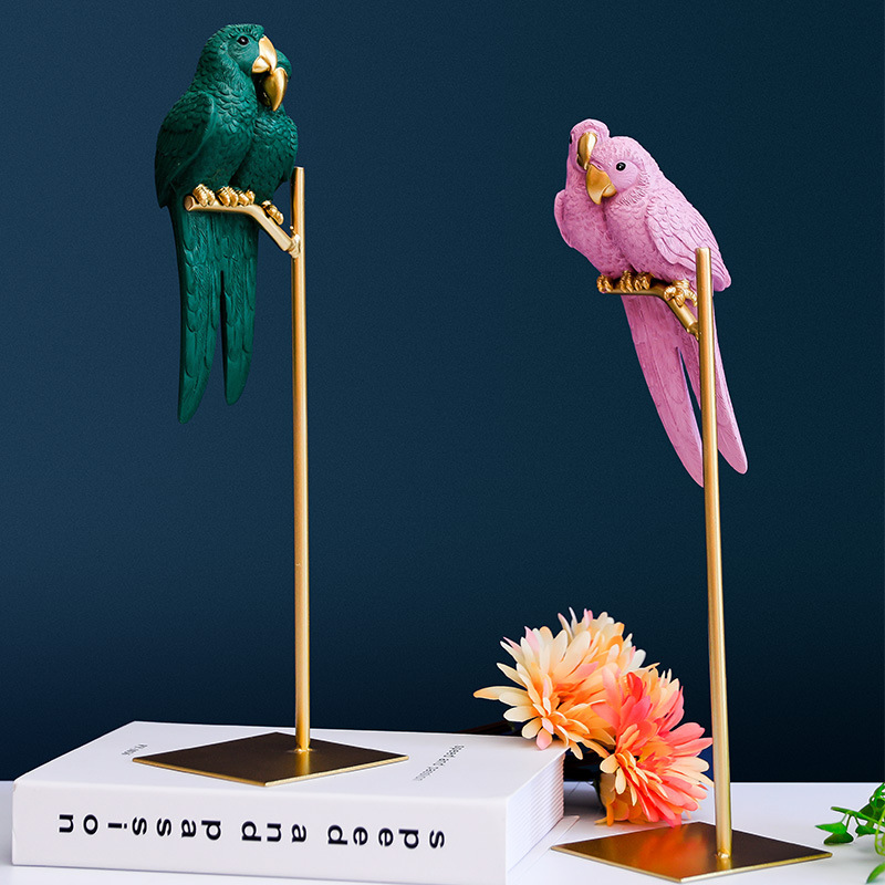 Nordic creative lovers parrot indoor decorations small bird animal sculpture resin crafts parrot statue with metal stand