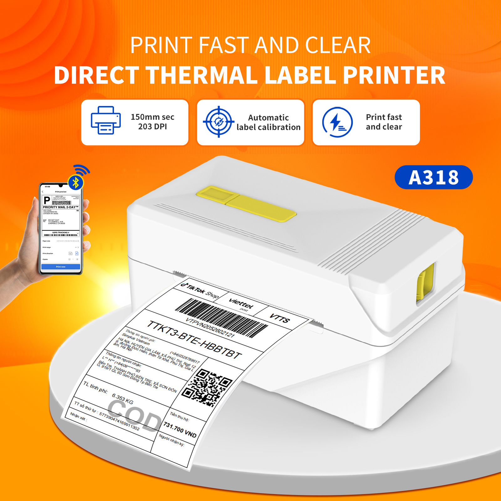 A318 desktop Phone Label Printer 150mm/s 3 Inch 80mm Sticker Printer Logistics Blue Tooth Barcode Thermal Printer