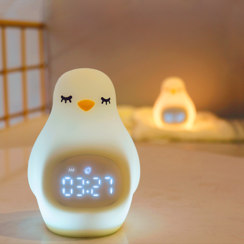 Cute Cartoon Animal Baby Children Gift Sleep Trainer Digital Alarm Clock LED Silicone Penguin NightLight for Birthday Gift