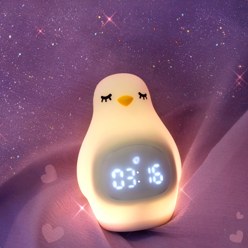 Cute Cartoon Animal Baby Children Gift Sleep Trainer Digital Alarm Clock LED Silicone Penguin NightLight for Birthday Gift