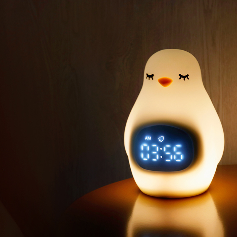 Cute Cartoon Animal Baby Children Gift Sleep Trainer Digital Alarm Clock LED Silicone Penguin NightLight for Birthday Gift