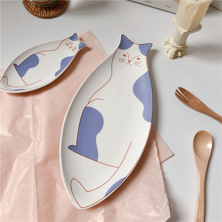 ZC Japanese cat dishes creative cute kid plate household vintage plates ceramic gourmet dining tableware colorful plate