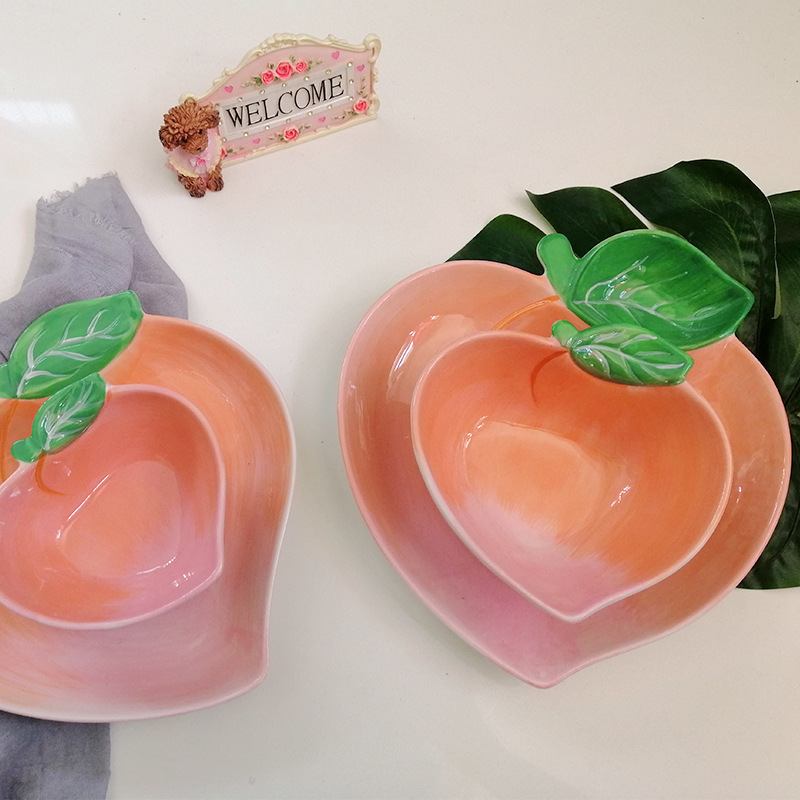 4PCS Creative Peach Shaped Plate Ceramic Snack Dish Cute Children Breakfast Bowl Personalized Dinner Plate Tableware