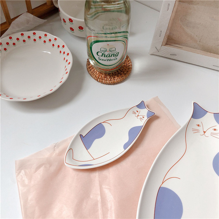 ZC Japanese cat dishes creative cute kid plate household vintage plates ceramic gourmet dining tableware colorful plate