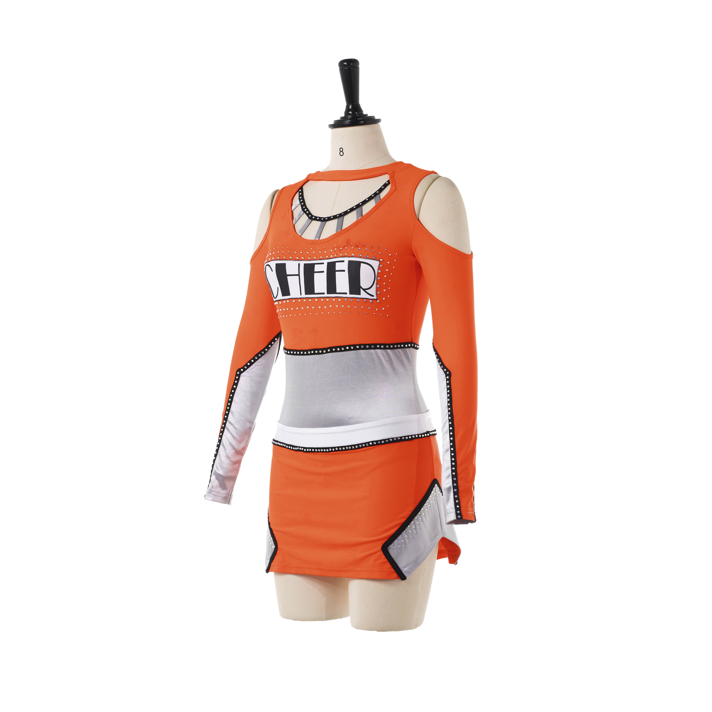 Fashion Style All Star Cheerleader uniform Long Sleeve leotard with skirt Cheerleading outfit Orange silver cheerleading uniform