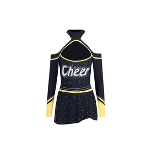 Wholesale Design Long Sleeve Cheerleader Uniforms Girls With Rhinestones black and yellow 2 pcs Cheer Apparel