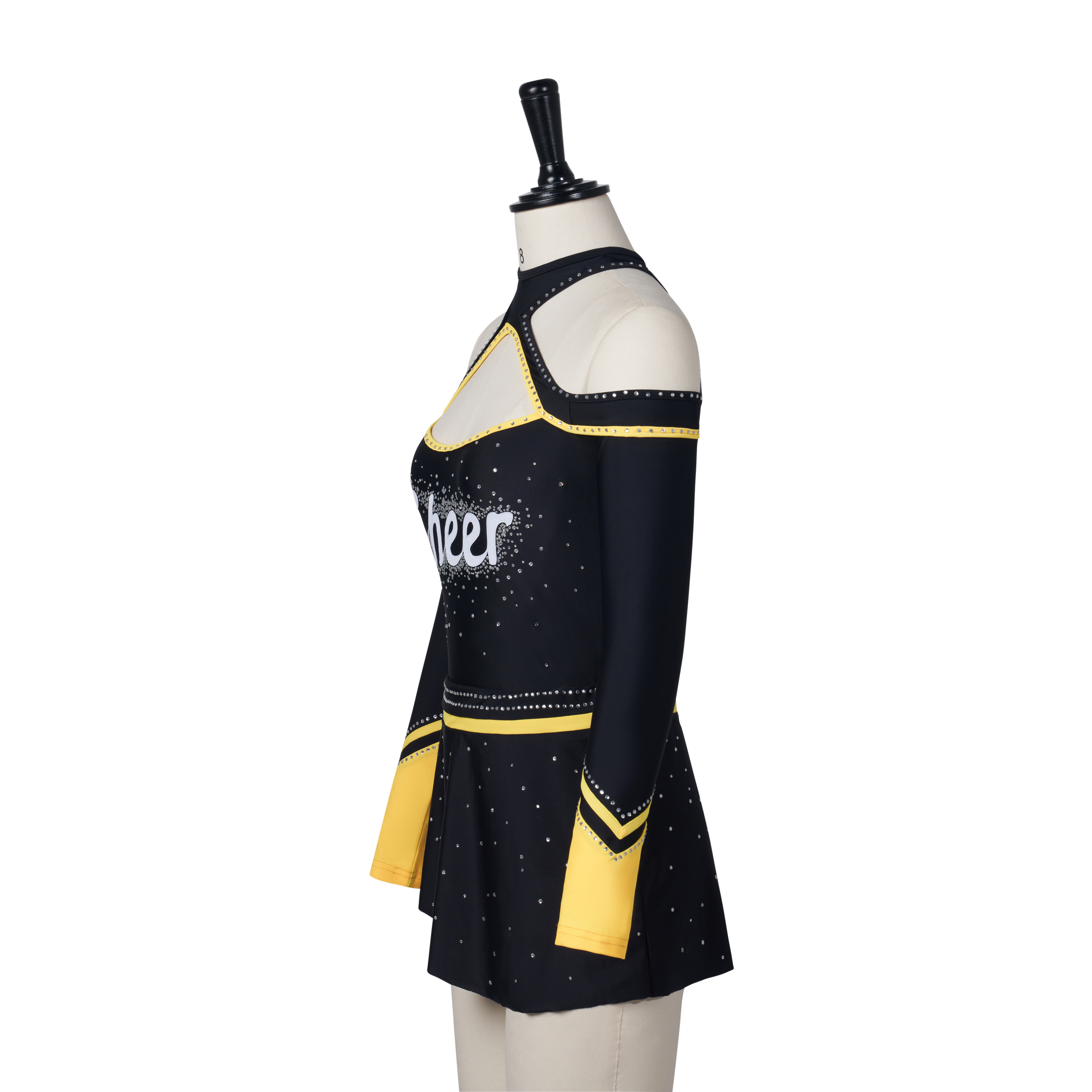 Wholesale Design Long Sleeve Cheerleader Uniforms Girls With Rhinestones black and yellow 2 pcs Cheer Apparel