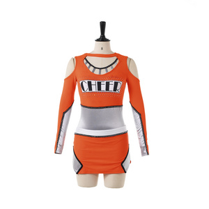 Fashion Style All Star Cheerleader uniform Long Sleeve leotard with skirt Cheerleading outfit Orange silver cheerleading uniform