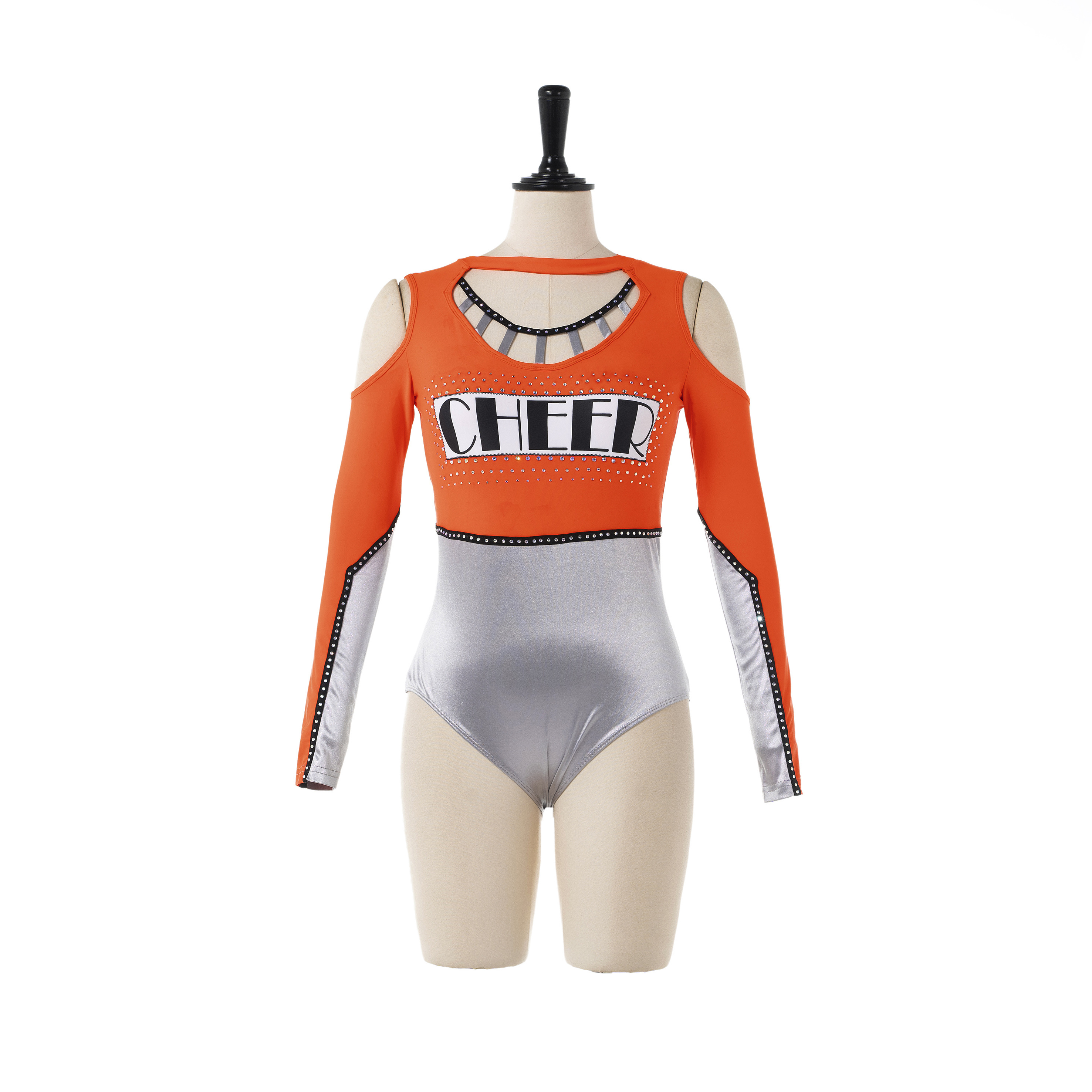 Fashion Style All Star Cheerleader uniform Long Sleeve leotard with skirt Cheerleading outfit Orange silver cheerleading uniform