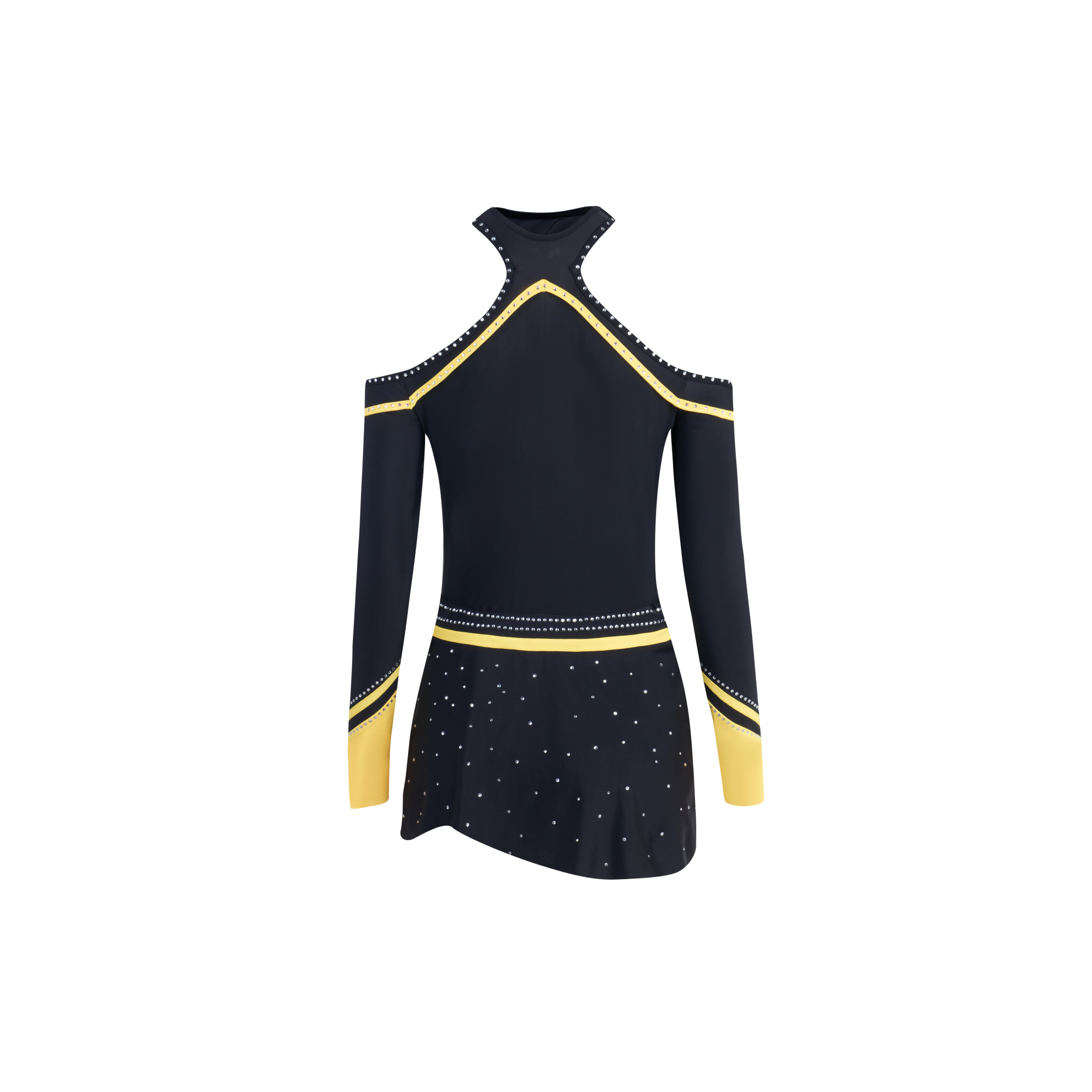 Wholesale Design Long Sleeve Cheerleader Uniforms Girls With Rhinestones black and yellow 2 pcs Cheer Apparel