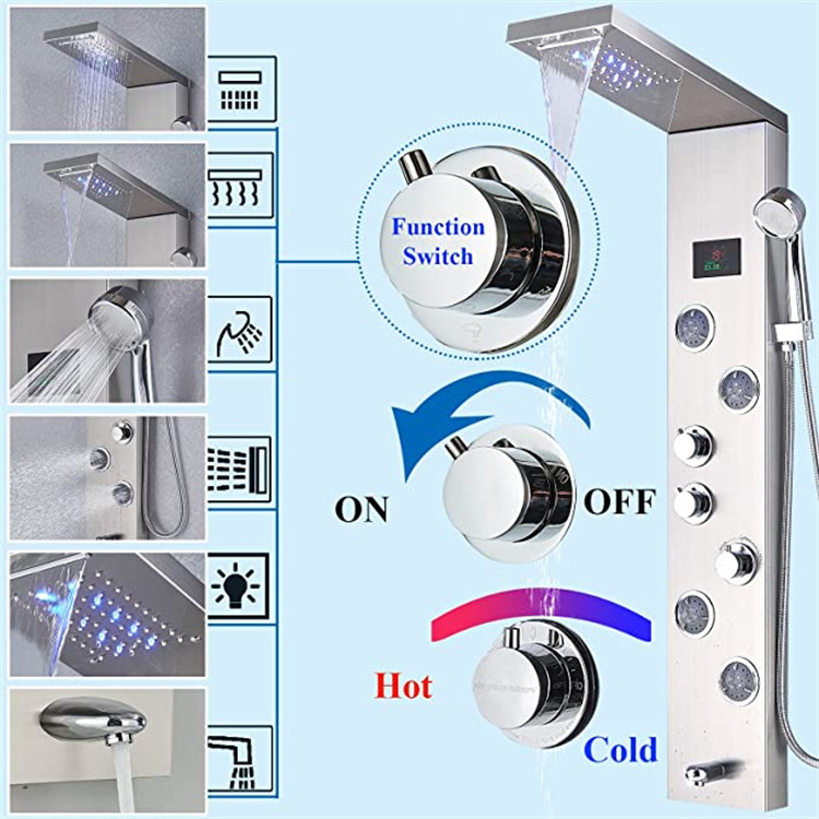 Digital Screen Brushed Nickel Shower Panel Wall Mount LED Light Shower Set Massage Jet Shower Column Tower