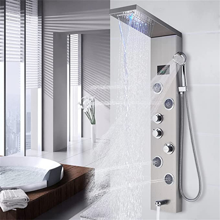 Digital Screen Brushed Nickel Shower Panel Wall Mount LED Light Shower Set Massage Jet Shower Column Tower