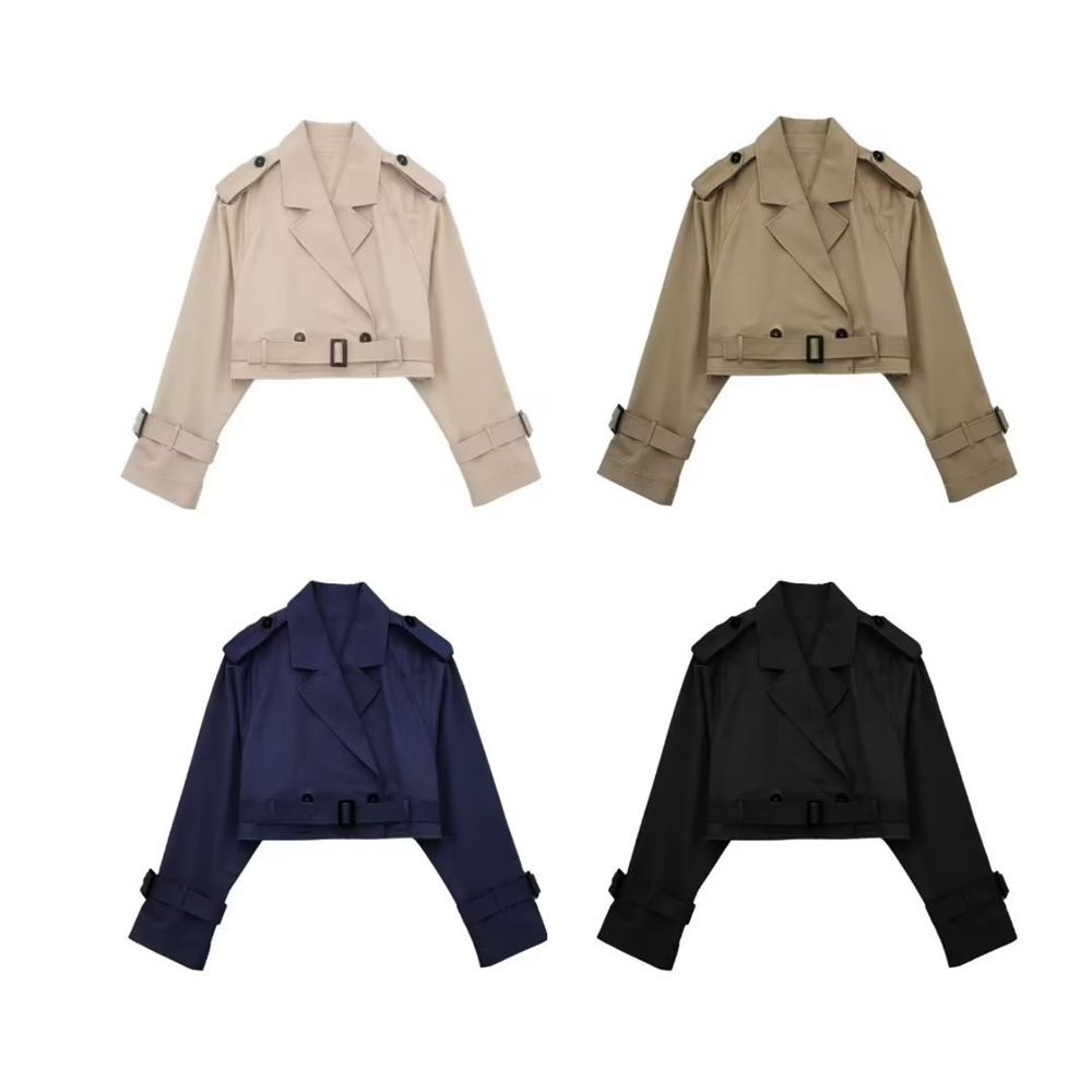 2023 Fashion Women Fall Matching Belt Short Jacket Vintage Long Sleeves Button Up Chic Coats Winter Outerwear Stylish Tops