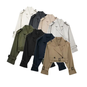 2023 Fashion Women Fall Matching Belt Short Jacket Vintage Long Sleeves Button Up Chic Coats Winter Outerwear Stylish Tops