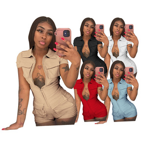 Custom 2022 New Women'S Clothes Sexy Solid Color Pockets Short Sleeve Outfits Rompers Women One Piece Jumpsuits Playsuits