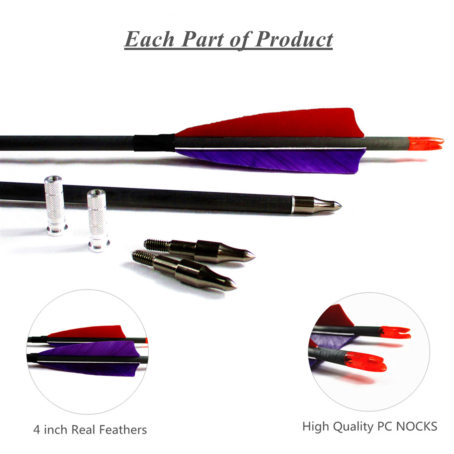 Hunting Pure Carbon Arrow 600 Spine with Arrow Points Real Turkey Feather Replaceable Plastic Nocks for Archery Shooting