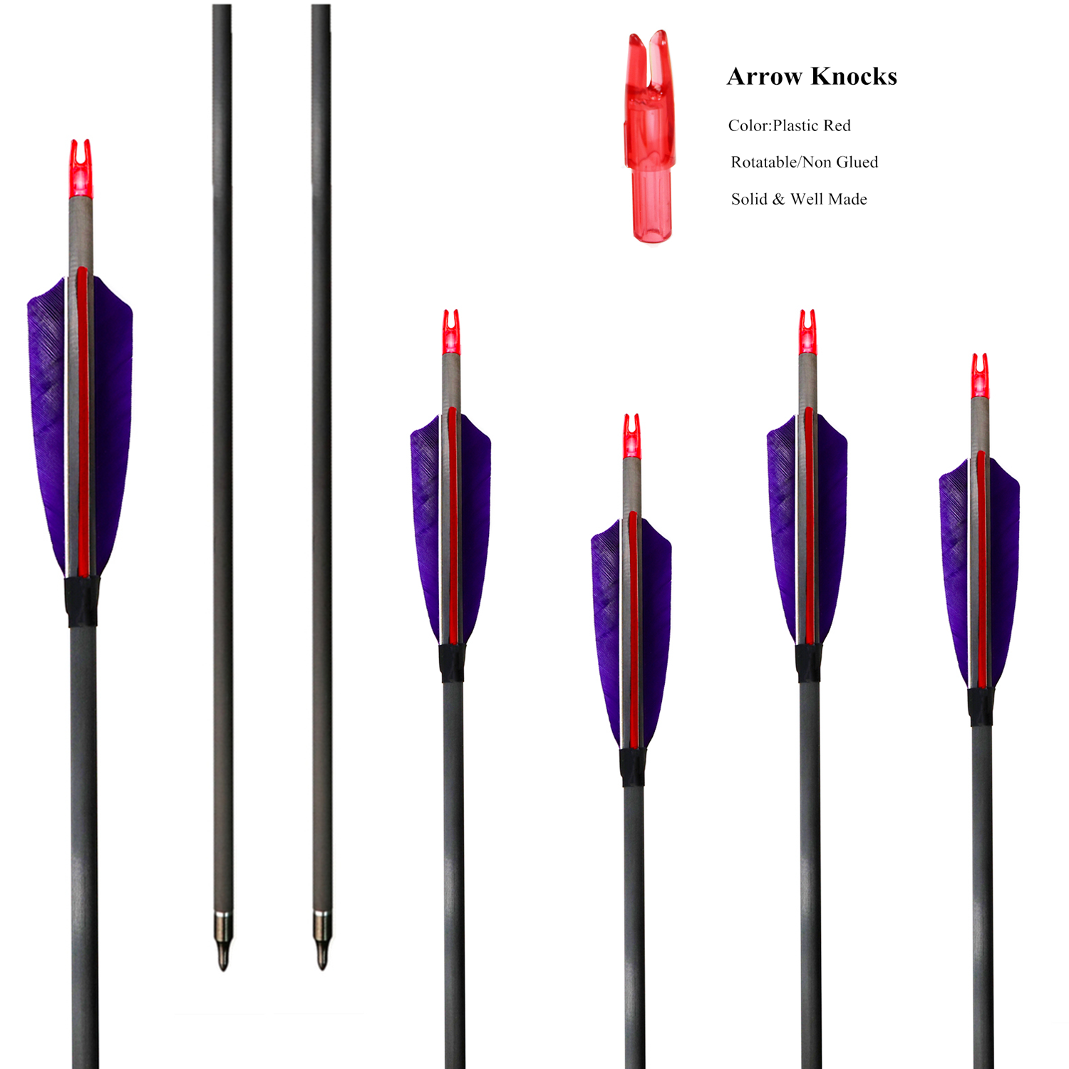 Hunting Pure Carbon Arrow 600 Spine with Arrow Points Real Turkey Feather Replaceable Plastic Nocks for Archery Shooting