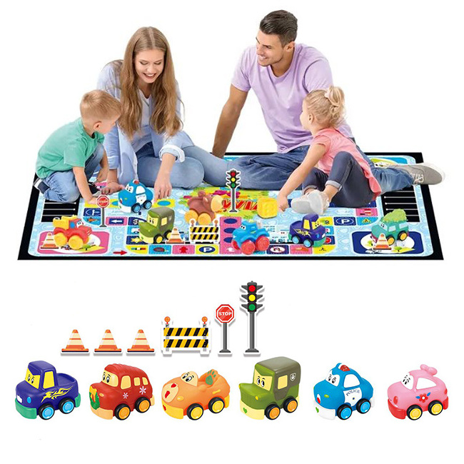 Hot Sales Cartoon Free Wheel PVC Vinyl Engineering Vehicle Car Toy Push And Go Car With Game Mat Board Game For Kids