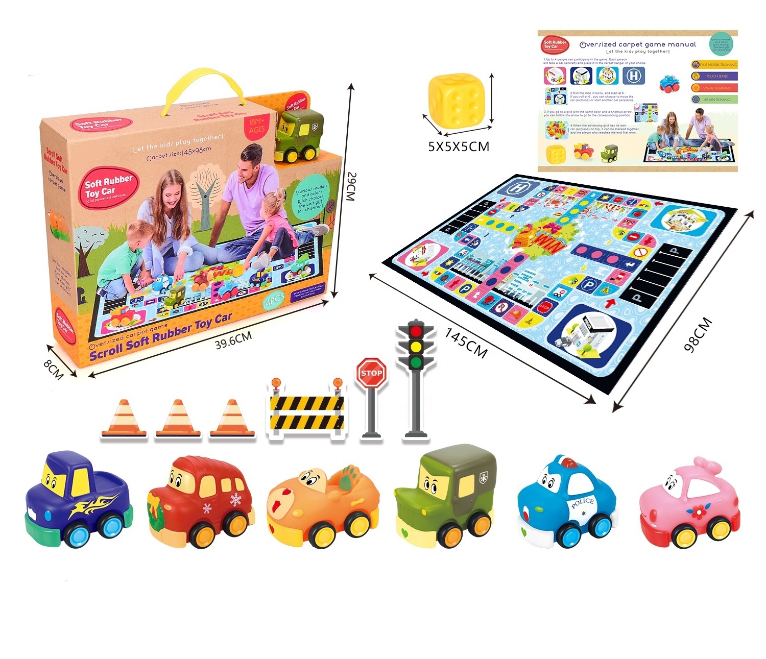 Hot Sales Cartoon Free Wheel PVC Vinyl Engineering Vehicle Car Toy Push And Go Car With Game Mat Board Game For Kids