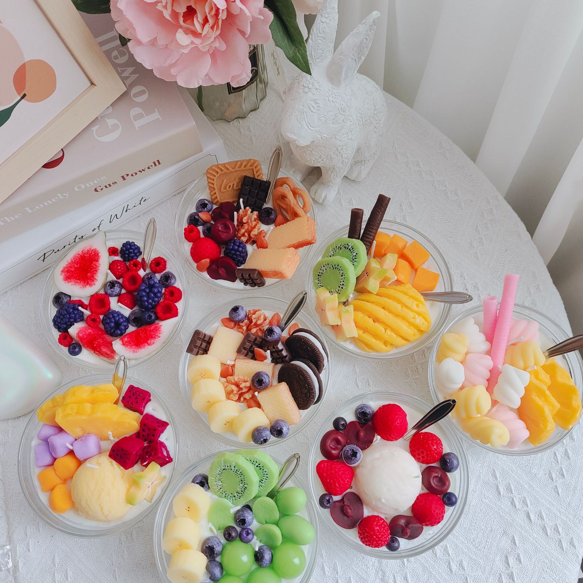 New Arrival Fruit Yogurt Ice Cream Nut Cake Scented Candle Small Handmade Soy Wax Simulation Cereal Bowl Dessert Candle