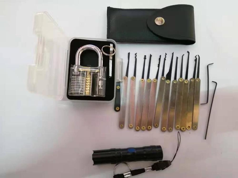 15 Pieces Lock Pick Set With Transparent Practice Locks +Flashlight For Locksmith Beginners Picking Tools Kit Training Set