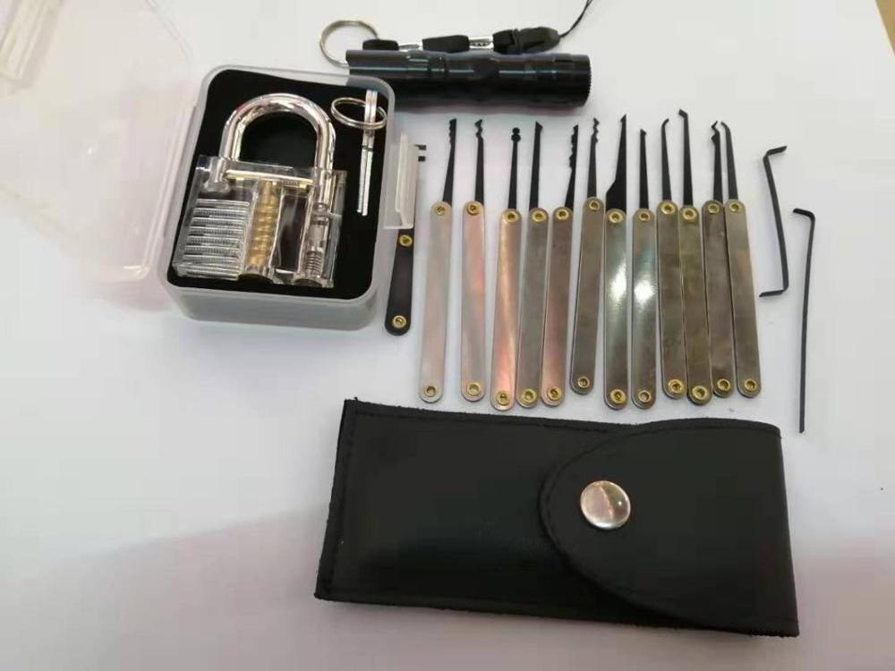 15 Pieces Lock Pick Set With Transparent Practice Locks +Flashlight For Locksmith Beginners Picking Tools Kit Training Set