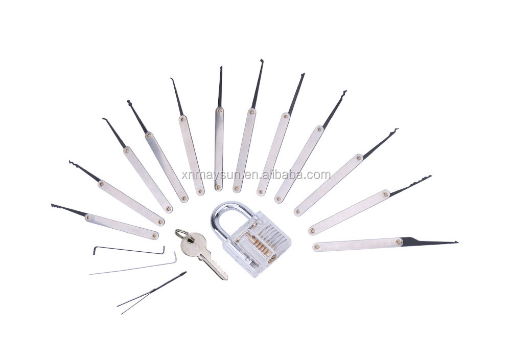 15pcs Single Hook Lock Pick Set with 1Pc Transparent Lock Locksmith Practice Training Skill Set