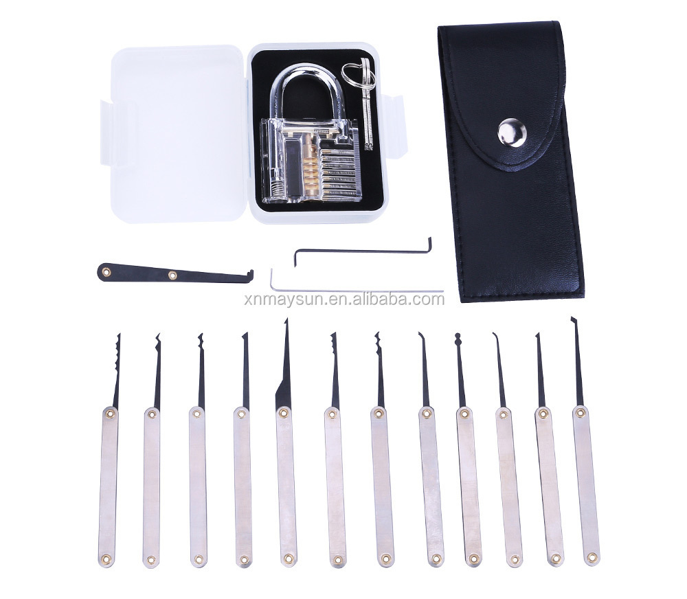 15pcs Single Hook Lock Pick Set with 1Pc Transparent Lock Locksmith Practice Training Skill Set