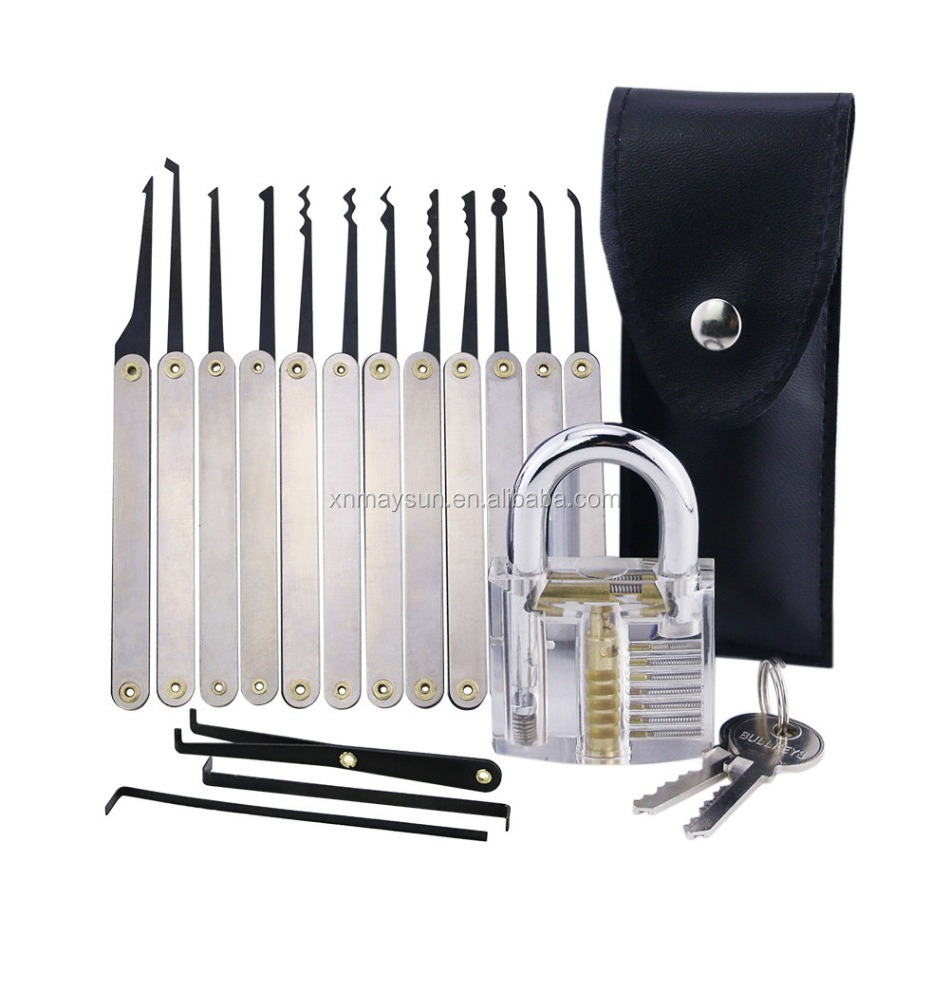 15pcs Single Hook Lock Pick Set with 1Pc Transparent Lock Locksmith Practice Training Skill Set