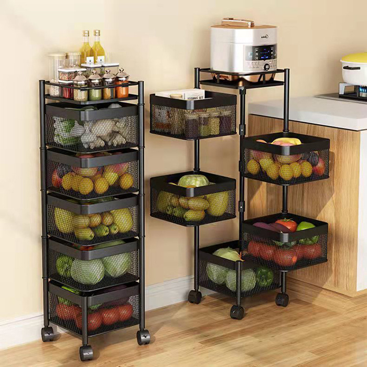 Kitchen storage rotatable shelf 3 4 5 Layer Rotating Practical Trolley Kitchen Square Shelf With Wheel Storage Rack