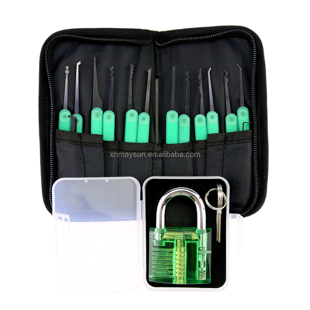 practice lock pick set 12pcs picks+ transparent padlock with nylon bag