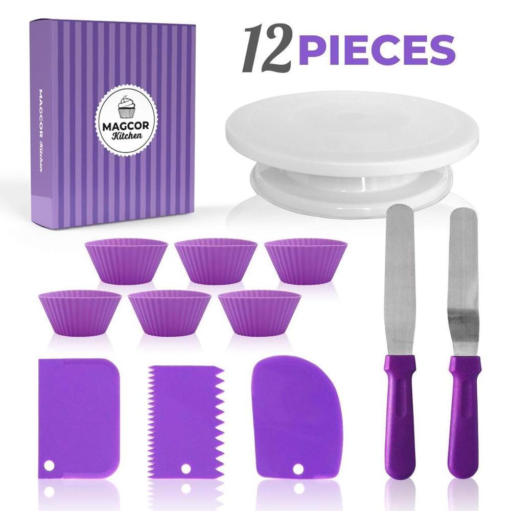 12pcs set  cake decorating kit with cake turntable cups Straight  angled spatula icing Purple  Scraper