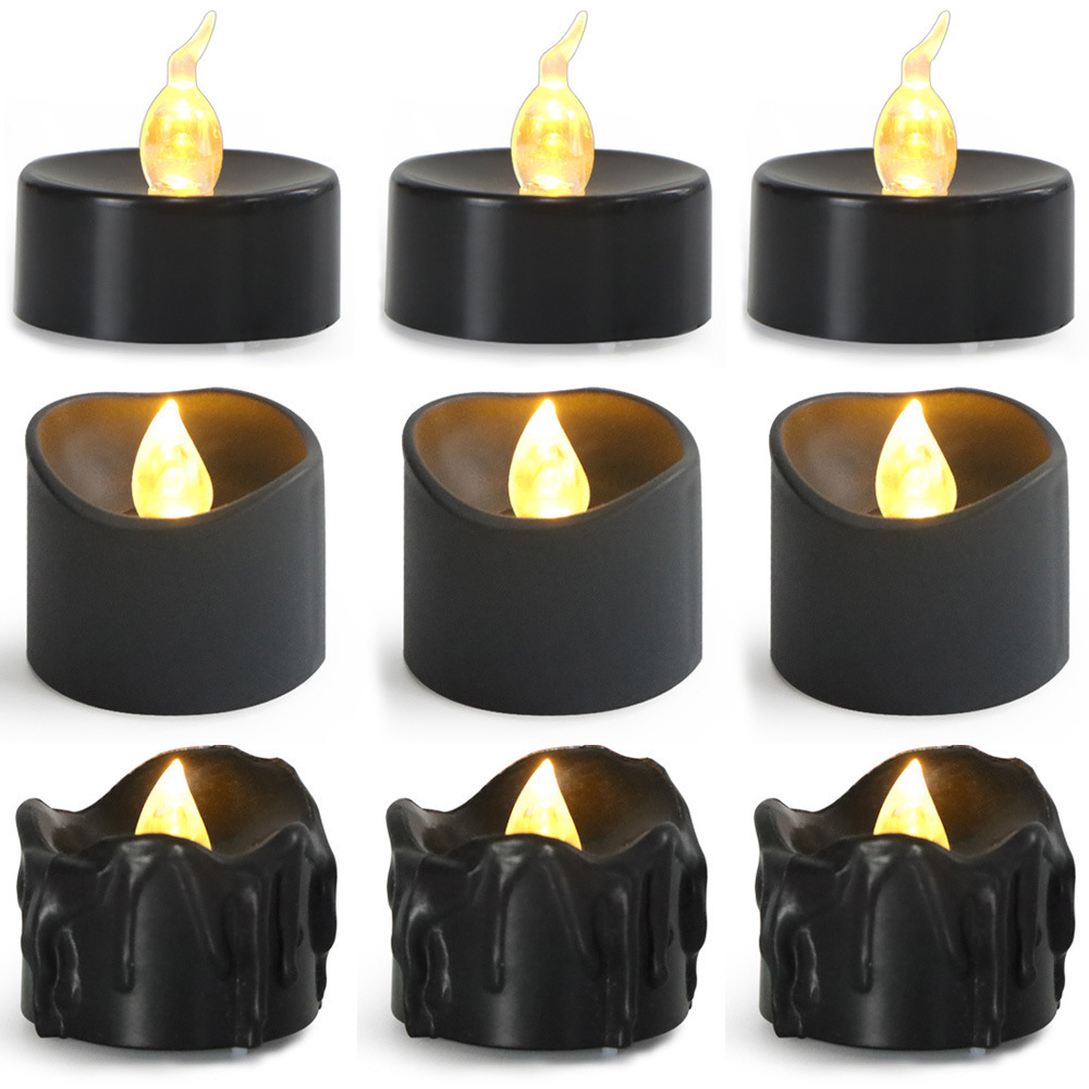 Oem Halloween Yellow Light Cr2450 Battery Flickering Plastic Artificial Wickless Black Mini Led Tealight Candle With Tears