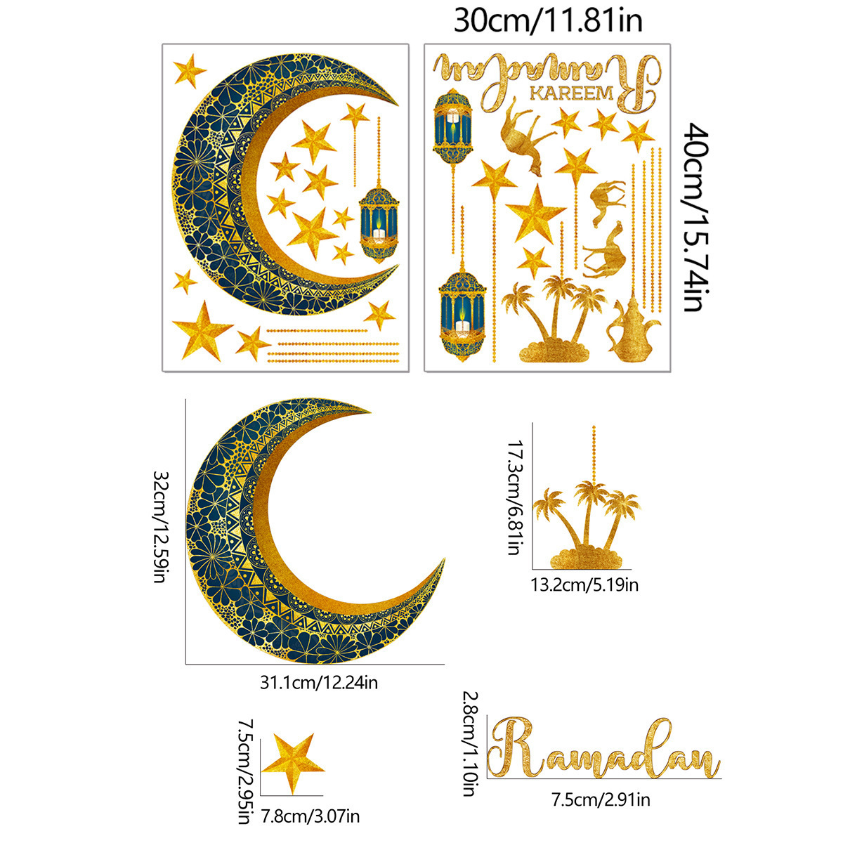 Eid Mubarak Wall Stickers Moon Star Lantern Wall Decal Ramadan Decoration for Home Islamic Muslim Castle Mural Party Decoration