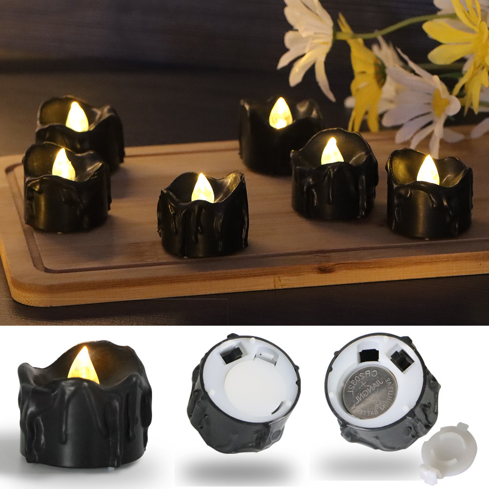 Oem Halloween Yellow Light Cr2450 Battery Flickering Plastic Artificial Wickless Black Mini Led Tealight Candle With Tears