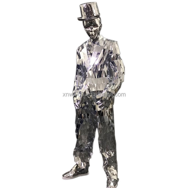 Manufacturer Supply Silver Mirror Costume Men Popular Star Performance Event Dance Show Bodysuit with Hat