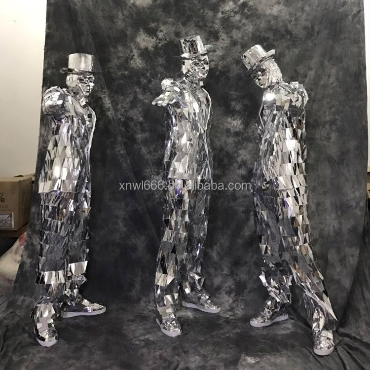 Manufacturer Supply Silver Mirror Costume Men Popular Star Performance Event Dance Show Bodysuit with Hat