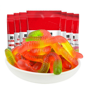 Sweets Custom Halal Sour Soft chewy fruit Candies Hard Jelly  Belt Strips Licorice Colorful Caterpillar Worm Shape Gummy Candy