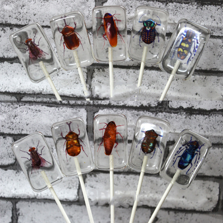 New Design Insect lollipop And Creativity Edible Amber Spoof Handmade Bugs Lollipop Halloween Sugar Free Candy Lollipop