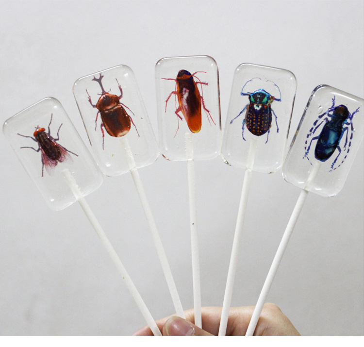 New Design Insect lollipop And Creativity Edible Amber Spoof Handmade Bugs Lollipop Halloween Sugar Free Candy Lollipop