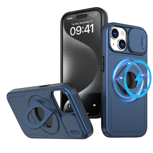 Shockproof Magnetic Cover for wireless charging with Sliding Camera Protection Foldable Ring Stand Phone Case for iPhone 15 14