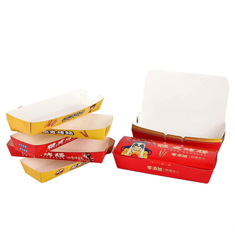 Customized Takeout flexography Packaging Containers Hot Dog Paper Cheese Stick Fried Banana Tray Corn Dog Snack Food Boxes