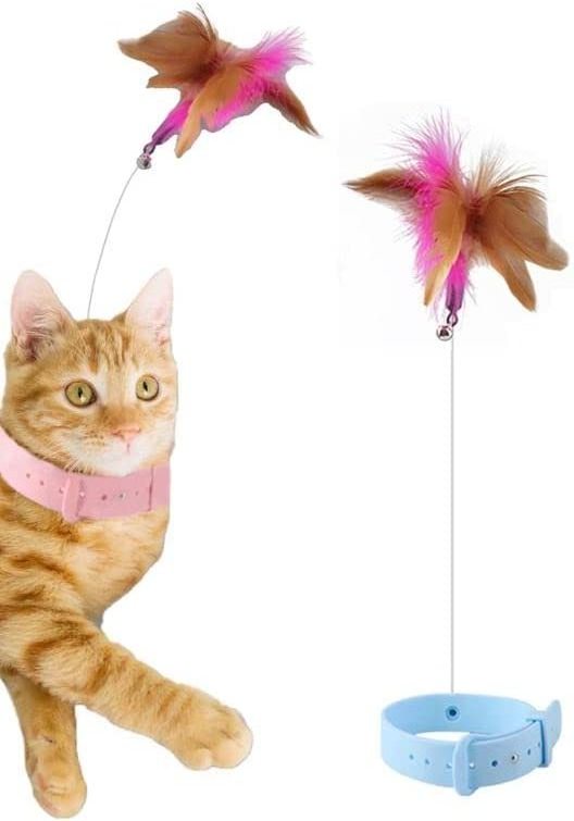 Cat Teasing Wand Silicone Collar Hands Free Toy with Bell and Feathers