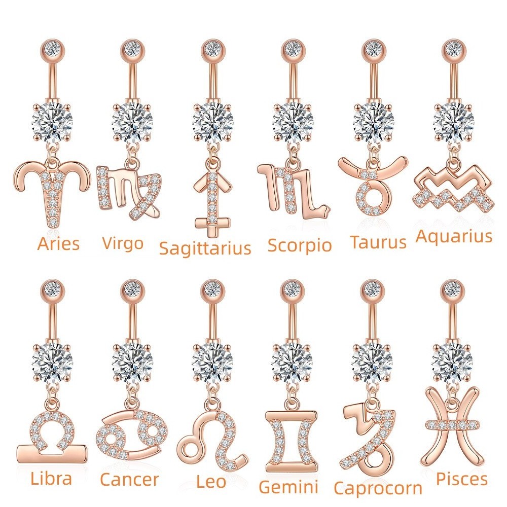 12 Star Signs Zodiac Astrology Navel Bell Button Rings Horoscope Body Piercing Jewelry Stainless Steel Belly Ring For Women