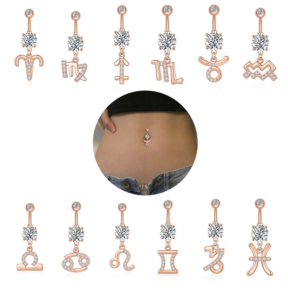 12 Star Signs Zodiac Astrology Navel Bell Button Rings Horoscope Body Piercing Jewelry Stainless Steel Belly Ring For Women