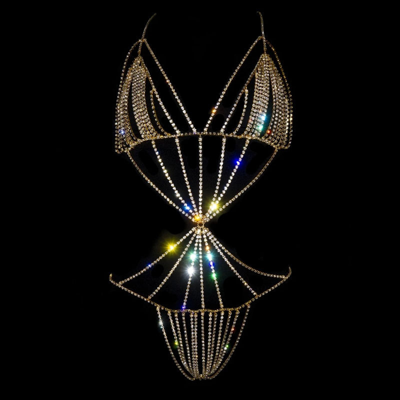 Exaggerated Dress Sexy Rhinestone Bra And Panties One Pieces Chain White Crystal Lingerie Gold  Body Chains jewelry For Womens