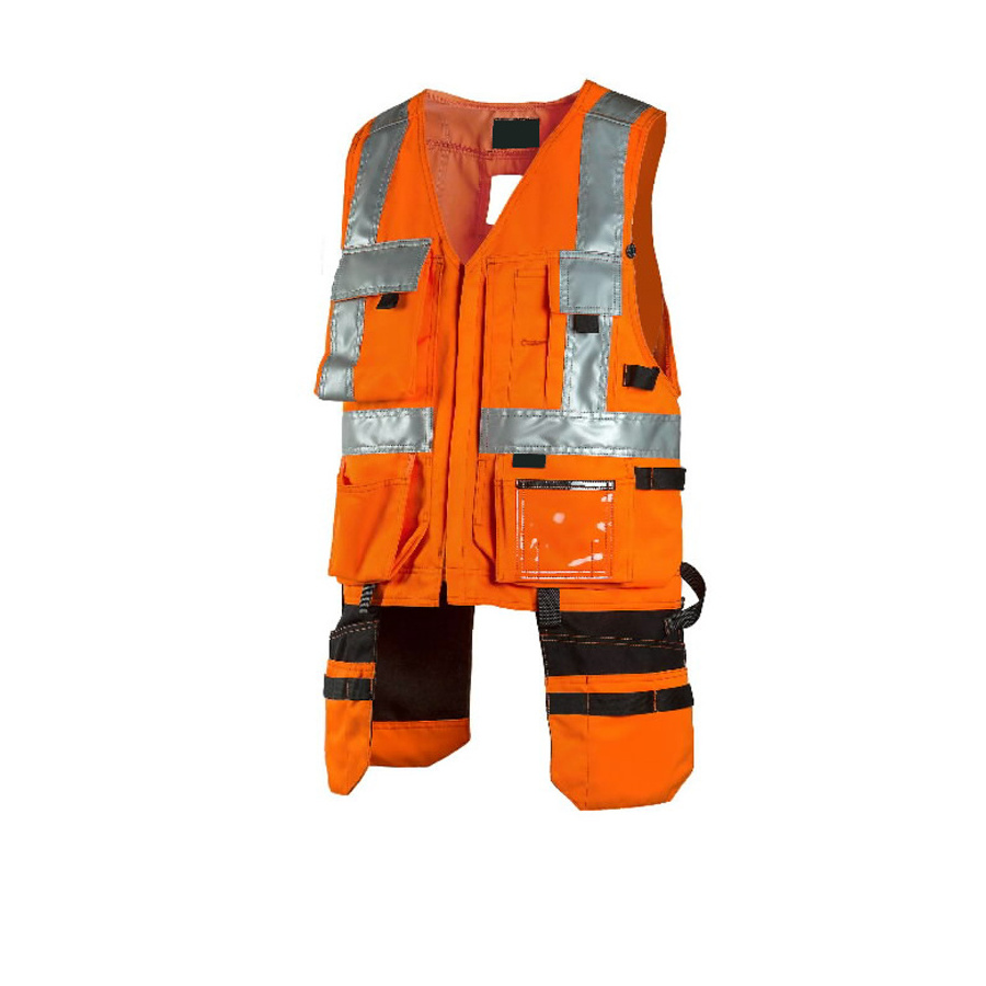 Hi Vis Safety Zippered Vest For Unisex Sleeveless Orange Reflective Taped Construction Workwear Roadway Vest