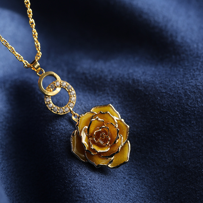 XP-RRN-1023 Flower Jewelry Gold Dipped Real Rose Necklace