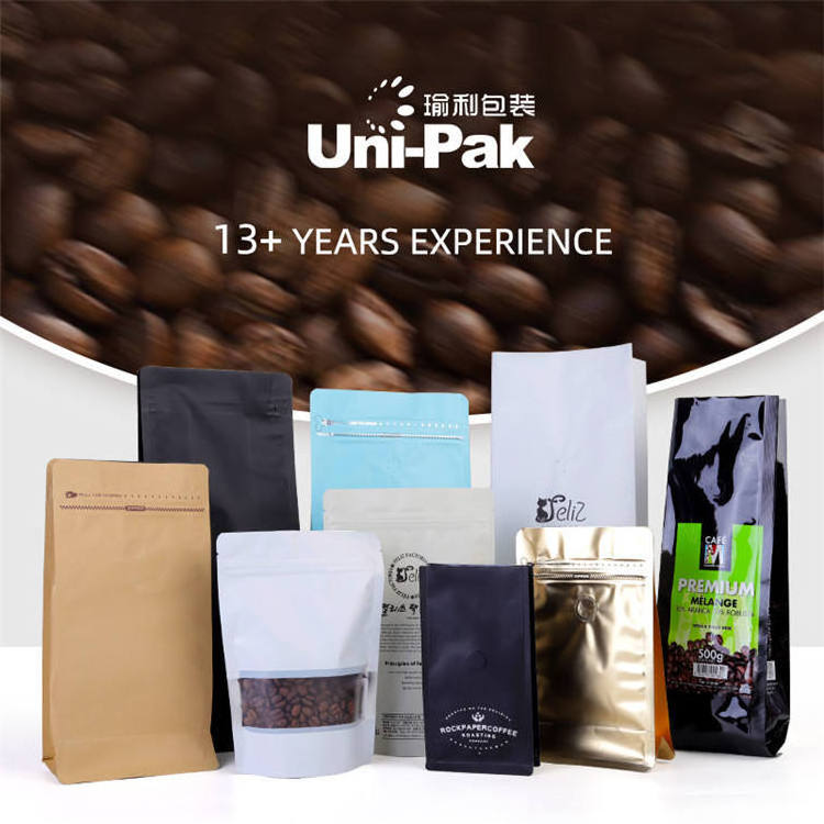 Uni-pak Supply Laminated Aluminum Foil Packaging 1kg 5kg Resealable Zip lock Coffee Bag with One Way Air Valve